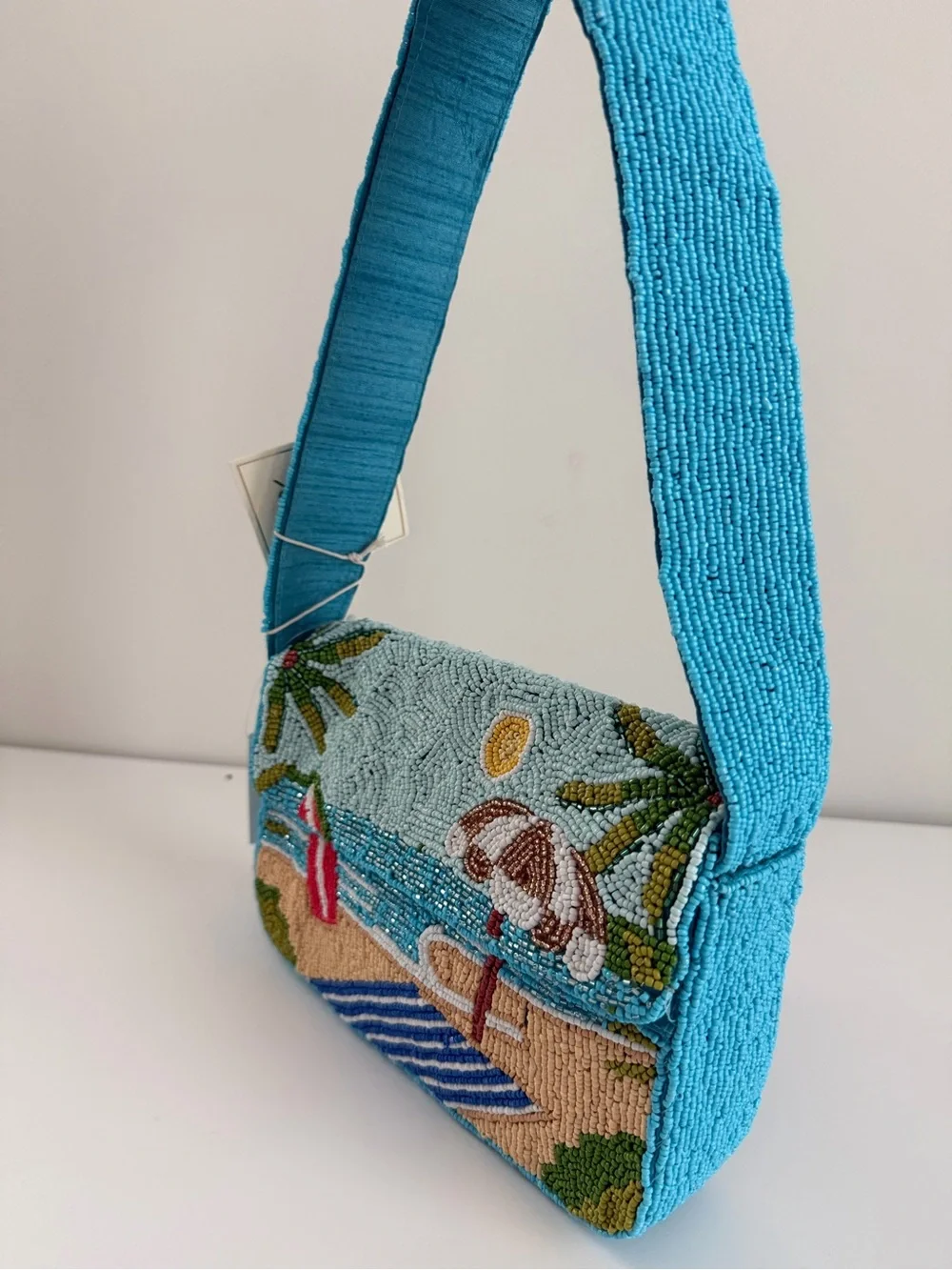 Beaded Beach Scene Shoulder Bag - Turquoise